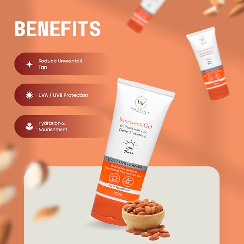Image of Wise & Secrets SPF 75++ Sunscreen Gel 100 ml | PA+++ UVA /UVB Protection | Water Resistant, Anti-Tan & Sunburn Protection Zinc Oxide,Vitamin E & Hyaluronic Acid Hydrating, Non-Greasy For All Skin Types