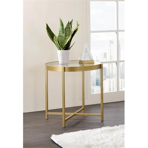 Acme Charrot Round Glass End Table with Cross Bar Base in Clear and Gold by Acme - Image 2