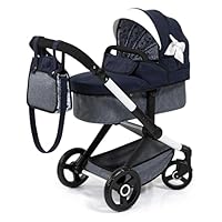 Bayer Baby Dolls Pram XEO - Convertible Doll Pushchair, Carrycot & Changing Bag - Stroller with Adjustable Handle Height for Girls, Tall Dolls Pram for 6+, 3-5 Year Olds - Navy Blue, Ribbon