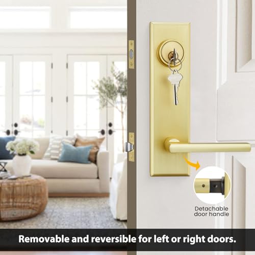 Image of Haidms Gold Front Door Handle - Entry Door Lever and Deadbolt Set, Modern Brushed Gold Exterior Door Lock Set, Square Front Door Handles