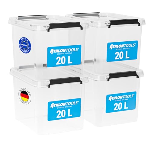 ATHLON TOOLS 4x 20 L Aufbewahrungsboxen mit Deckel, lebensmittelecht - Verschlussclips - 100{4205207eb76e70a911df8c783c8bff5d0f2a62422f9d259b24f6a808e562168e} Neumaterial Plastik-Box transparent - Kleiderboxen stapelbar ATHLON TOOLS 4x 20 L Aufbewahrungsboxen mit Deckel, lebensmittelecht - Verschlussclips - 100{4205207eb76e70a911df8c783c8bff5d0f2a62422f9d259b24f6a808e562168e} Neumaterial Plastik-Box transparent - Kleiderboxen stapelbar