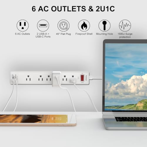 Image of 6Ft Extension Cord Power Strip Surge Protector - Teiobar 6 AC Outlets and 3 USB Ports for Home, Office, Dorm Essentials, 1680 Joules, ETL Listed, White