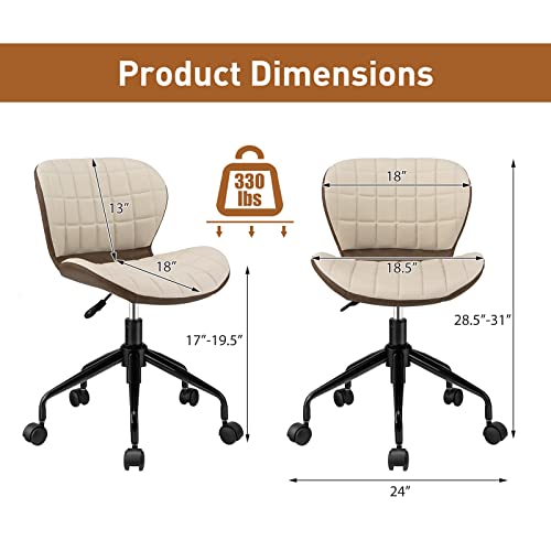 Giantex Home Office Desk Chair, 360° Swivel Height Adjustable Office Chair W/Pu Leather, Modern Office Chair, Ergonomic Curved Wood Desk Chairs, Leather Armless Task Chair For Office, Beige & Brown #TOP2