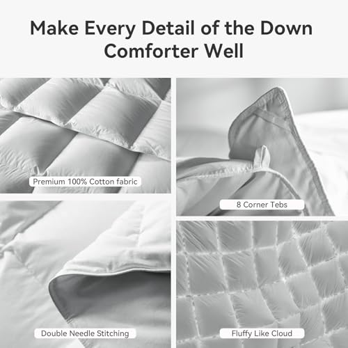 Image of L LOVSOUL Goose Feather Down Fiber Comforter Queen Size, 100% Organic Cotton Fabric Duvet Insert,1200TC,750+Fill Power, Hotel Collection, Light Weight Light Grey with 8 Tabs,90X90IN