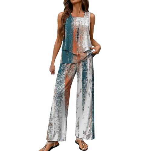 Floral 2 Piece Sets for Women Summer Boho Floral Sleeveless Tiered Tank Top Wide Leg Pant Suit Casual Lounge Outfit