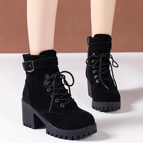 Women's Combat Ankle Boots Chunky Heel Lace up Fashion Heeled Booties Round Toe Side Zipper Motorcycle Boots2