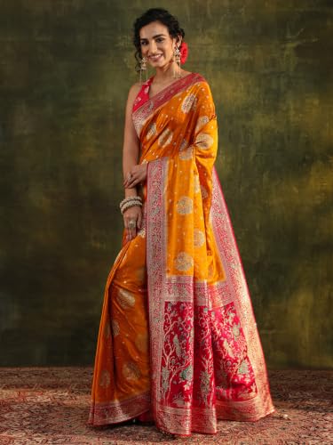 Image of Libas Art Woven Design Satin Saree for Women With Unstitched Blouse Piece | Traditional Saree for Party & Wedding