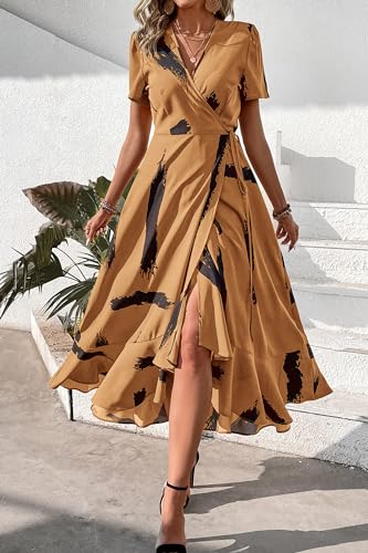 Image of PRETTYGARDEN Women's Summer Wrap Maxi Dress Casual Boho Floral V Neck Short Sleeve Ruffle Hem Split Beach Long Dresses