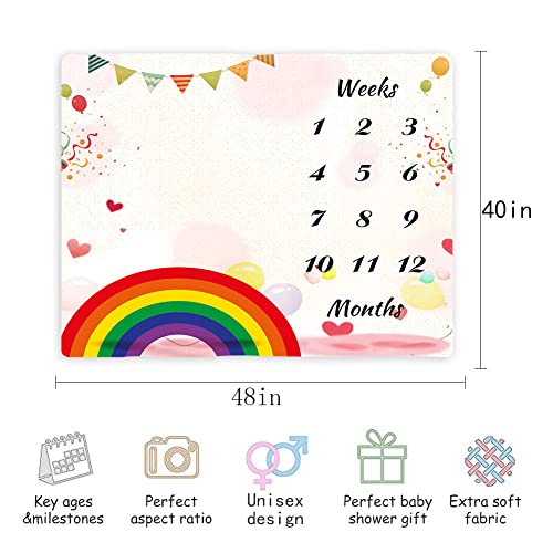 Image of Baby Monthly Milestone Blanket Boy - 48 inchx40 inch Rainbow Theme Baby Month Blanket for Boys - First Year Calendar Growth Chart Photo Props for Newborn Photography BTGJME90
