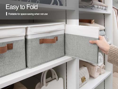 StorageWorks Large Storage Bins with Lids, Decorative Storage Boxes with Lid and PU Handles, Foldable Storage Baskets for Closet, Shelves, Stackable, Gray and White, 3-Pack - Image 5