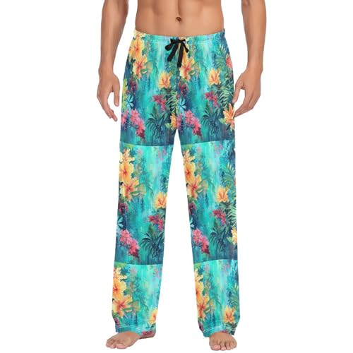 Men's Watercolor Flower Pattern Pajama Pants with Pockets - Straight Fit Cotton Sleep Bottoms for Lounge & Nightwear2