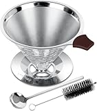 Pour Over Coffee Dripper, LOOFORE Stainless Steel Coffee Filter 1-4 Cup, Metal Cone Filter Paperless Reusable Coffee Filter, Double Mesh Design with Spoon and Cleaning Brush