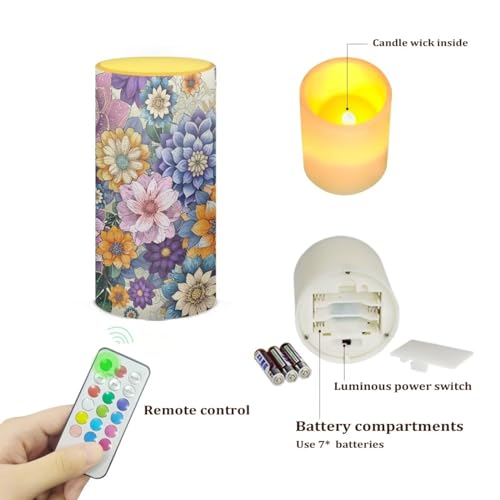 Image of Flameless LED Candle Flickering Wick Electric Candles with Remote Timer Color Changing 5.9 Inches Pillar Candle for Home Table Centerpiece Decoration, Boho Flower Purple Yellow