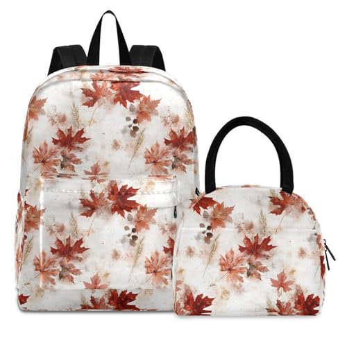 Backpack Lunch Box Set Large Capacity Travel Backpacks and Insulated Lunch Bag for Commute Hiking Picnic Vintage Maple Print