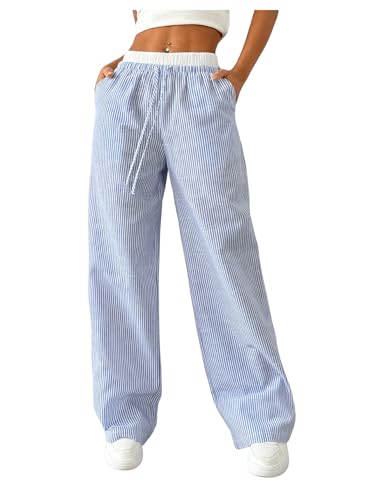 OYOANGLE Women's Stripe Print Drawstring High Waist Pants Casual Wide Leg Trousers with Pockets