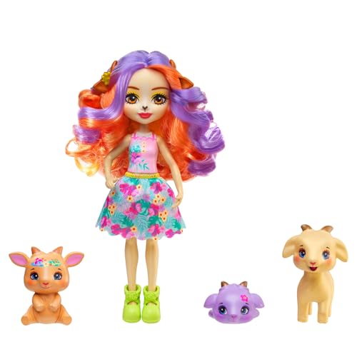 Enchantimals Sunshine Beach Familia de Golita Goat, Muñeca con melena larga y colorida y falda de flores, incluye 3 mascotas cabra, juguete regalo para niños y niñas +3 años, HXC00