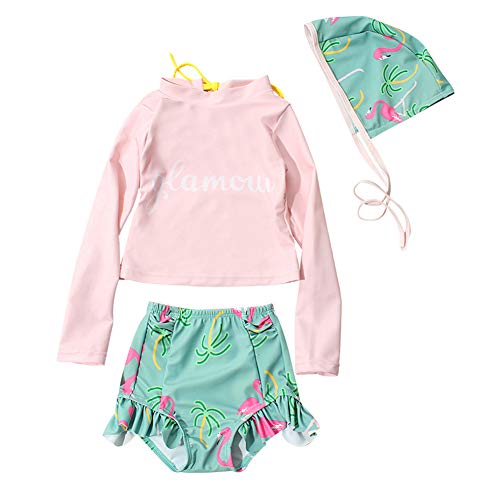 Little Girls Swimsuit Sets Toddler Rash Guard Swimwear with Swimming Hats Baby Kids Flamingo Printed Bathing Suits 2-7T (Pink+Green,90(2-3T))