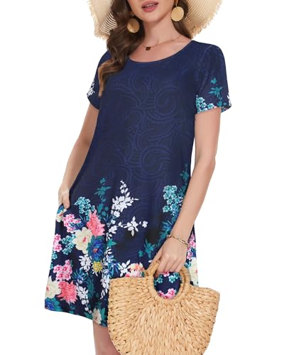Image of Summer Dresses for Women Casual Tshirt Short Sleeve Floral Sundress Beach Cover Ups with Pockets 2026