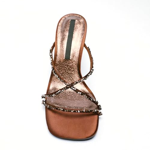 Women's Leather Rhinestones Strappy Stiletto Heeled Sandals Fashion Comfortable Square Open Toe Slip On High Heels Slides for Party Wedding Prom Dress Mules4