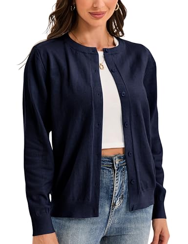 Image of Womens Cardigan Sweaters Basic Button Down Casual Dressy Classic Crewneck Long Sleeve Spring Outfits (S-2XL)