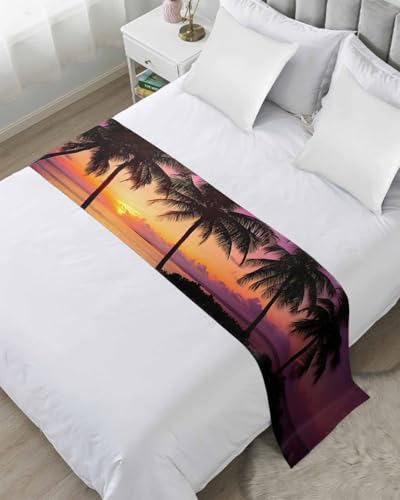 Full Bed Runner Seaside Coconut Tree Beach Sunset Bedding Runner Scarves Decorative Bed Scarf, Summer Purple Sky Soft Bed Runners for Bedroom Hotel Wedding 83x20IN