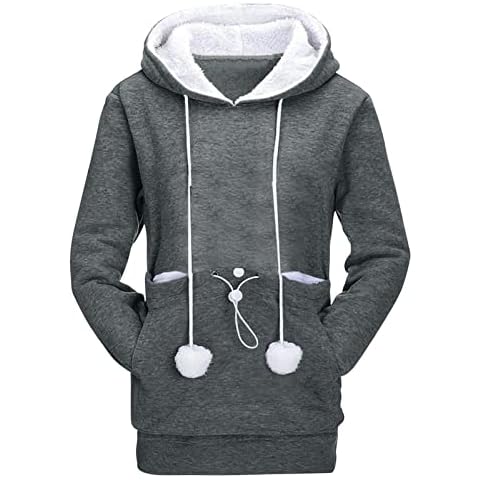 Womens Carrying Pet Big Pocket Hoodie Sweatshirt Top Cute Cat Ear Funny Print Long-Sleeved Loose Casual Pullover Outwear Blouse for Winter Autumn Hooded Jumper Dark Gray Cover