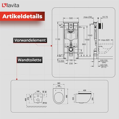 Lavita Vorwandelement Solido + Wand Hänge WC Sinto Grau Spülrandlos + WC Sitz mit Absenkautomatik Goldener Knopf Komplettset Unterputz Spülkasten Toilette Komplett Sett WC – Bild 3