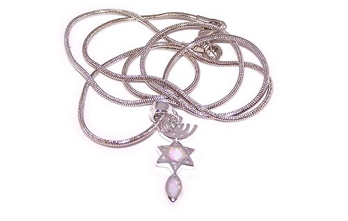 Holy Land Market Unisex Religious Messianic Seal Necklace with White Opal Stones, Rhodium Plated, 20 Inch Chain, Jewish Necklace