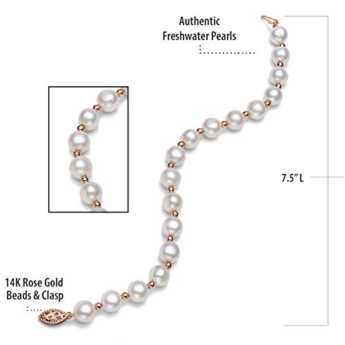 Belacqua AA Quality Cultured Freshwater Pearl Strand Bracelet in 14k Yellow or Rose Gold Beads, Size 8.0-8.5mm,7.5 Inches, Real Pearl Jewelry for Women, Gift Box Included4
