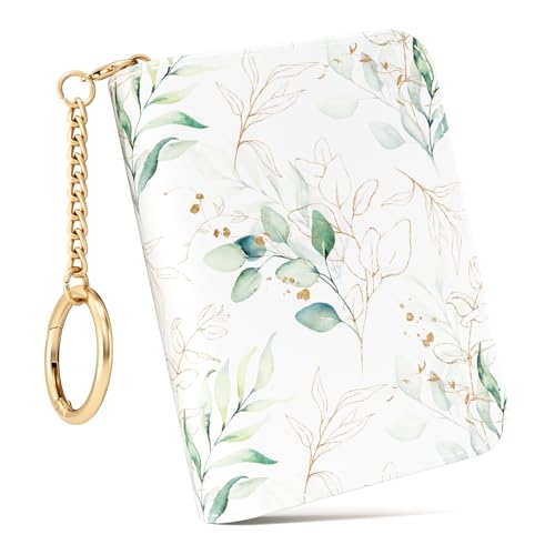 Image of Credit Card Holder RFID Wallet for Women, Small Leather Card Organizer Case with Zipper and Keychain, Golden Leaf