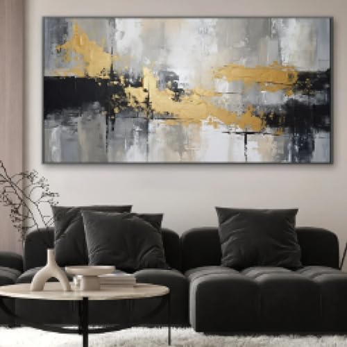 Peinture abstraite dorée noire KEBIA : décoration murale chic pour grand salon