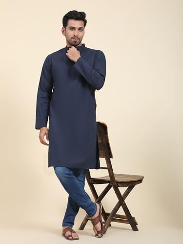 Image of SKAVIJ Men's Cotton Kurta Summer Casual Long Shirt Regular Fit Blue 3X-Large