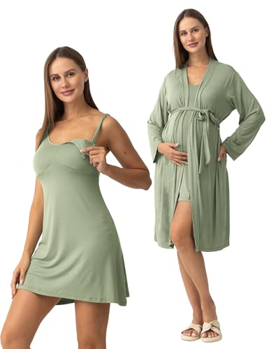 Image of SUNNYBUY Women's Nursing Nightgown Maternity Robe Set, 3 in 1 Labor Delivery Breastfeeding Dress Postpartum Sleepwear
