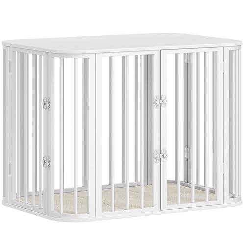 Hzuaneri Hundekäfig Möbel, Indoor Hundebox mit Kissen, Modernes Dreitür-Design, Beistelltisch aus Holz, Geeignet für Kleine und Mittelgroße Hunde, 80 x 55 x 61,5 cm, Weiß DFC87713W
