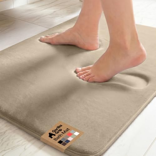 Image of GORILLA GRIP Memory Foam Bath Mat, Soft Absorbent Velvet Bathroom Mats, Durable Dots on Underside, Machine Washable Bathmat, Carpet Rug Room Decor for Shower Tub Floor RV, 24x17 Rugs, Taupe