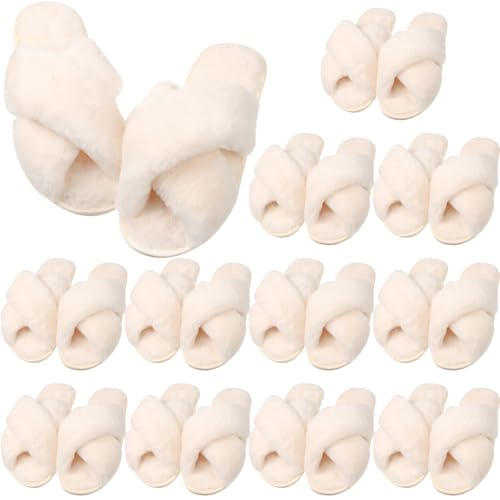 VAIPI 12 Pairs Womens Cross Band Fuzzy Slippers Bulk Plush House Slippers Bridesmaid Bridal Party Slipper White Open Toe Fluffy Slipper