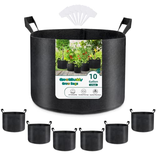 GreatBuddy Grow Bags 10 Gallon 6-Pack Heavy Duty Fabric Grow Bags with Handles for Vegetables Herbs and Tomatoes Fabric Pots & Planting Bags for Outdoor Home Gardening