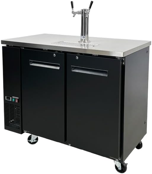 Beer Keg Dispenser Kegerator, Commercial ETL Fridge 2 Tap 2 half Barrels Brew Cooler, 2 Half Keg, 1 Tower Black 48" W