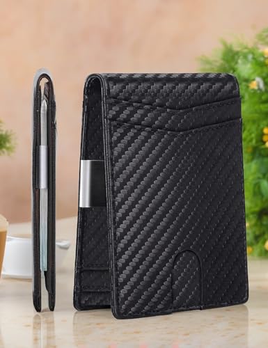 Slim Men's Carbon Fiber RFID Blocking Wallet, with Money Clip and Multiple Card Slots, Stylish and Portable, Suitable for Business and Everyday Use.