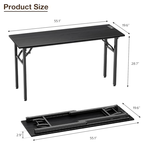 Image of TEMI Long Computer Desk Folding Table - No Assembly, Compact 55.1 inch Foldable Desk with Power Outlets & USB Charging Port, Portable Lagre Office Desk, Study Table for Narrow Spaces, Dark Oak