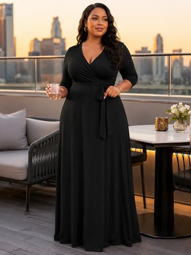 Image of PinkPatty Women's Plus Size Maxi Dress Casual 3 /4 Sleeve Dress with Belt | Soft stretch feel, printed style, flowy A-line fit, v neck, waist tie, side pockets, for vacation, party and daily wear