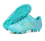 FEETHING Kids Soccer Cleats for Boys and Girls Firm Ground FG Football Shoes Lightweight with Long Studs for Traction Breathable Mesh Upper Colorful Lightning Design,Blue,2 Little Kid