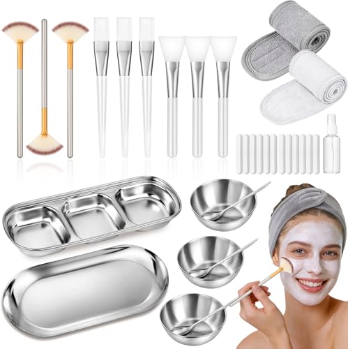 Nyxuso Esthetician Supplies Facial Kit 32Pcs Professional Esthetician Essentials Face Mask Mixing Bowl Set for DIY Spa Salon(Silver)
