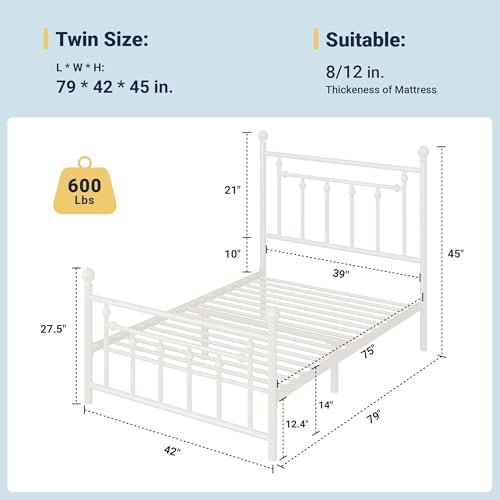 Image of Allewie 14'' Twin Size Metal Platform Bed Frame, Vintage Headboard, White