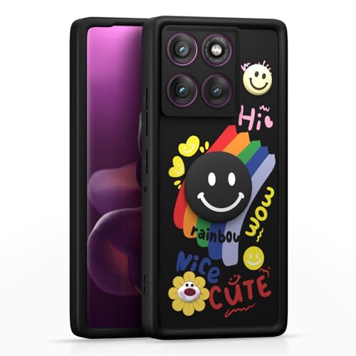 Image of Pikkme Back Cover for Motorola Moto Edge 60 Pro 5G | Soft Silicone| Cute Rainbow Smile & 3D Cartoon Flower Design | Shockproof Raised Camera Protection Bumper Case (Black)