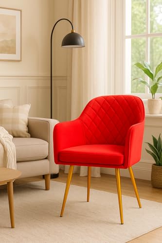 Image of Barfi Velvet Dining Chair | Premium Modern Upholstered Accent Chair with Armrest, Padded Seat and Metal Legs | Comfy Chair for Home, Office & Restaurents (Red)