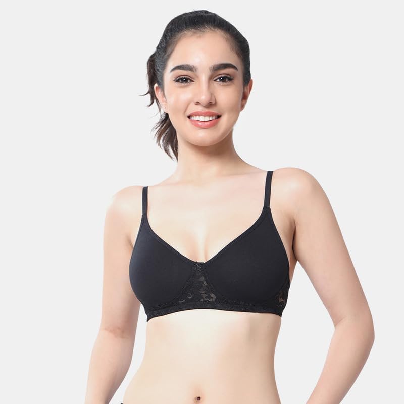 1090 Laced Styling - Non-Padded Non-Wired 3/4th Coverage T-Shirt Bra for Womens- Adjustable Straps - Moulded Lace Bra