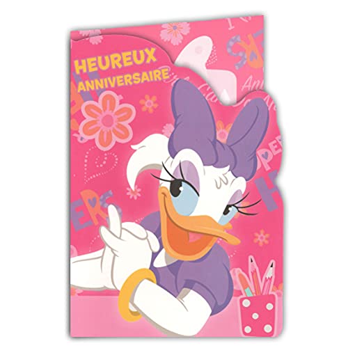 200004!DAISY! Carte Anniversaire avec Autocollants Disney Junior Daisy Duck Minnie Mouse Chat Figaro Oiseau Canari Frankie - Avec Enveloppe rose violette 12x17,5cm