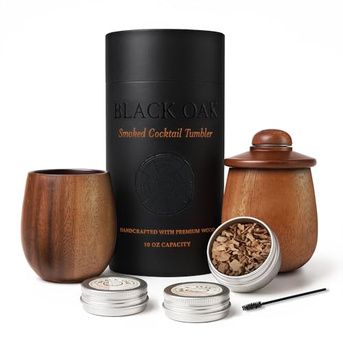 Black Oak 2-Pack Charred Wooden Whiskey Cup 10oz – Bourbon Smoker Kit with Lid, 3 Smoker...