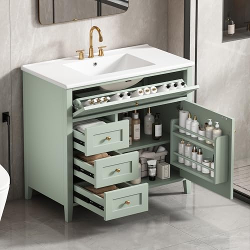 Image of 36 inch Bathroom Vanities with Top Set, Cabinet with Multi-Functional Tip-Out Drawer and Adjustable Shelf, Soft-Closing Door, Solid Wood Legs, Green